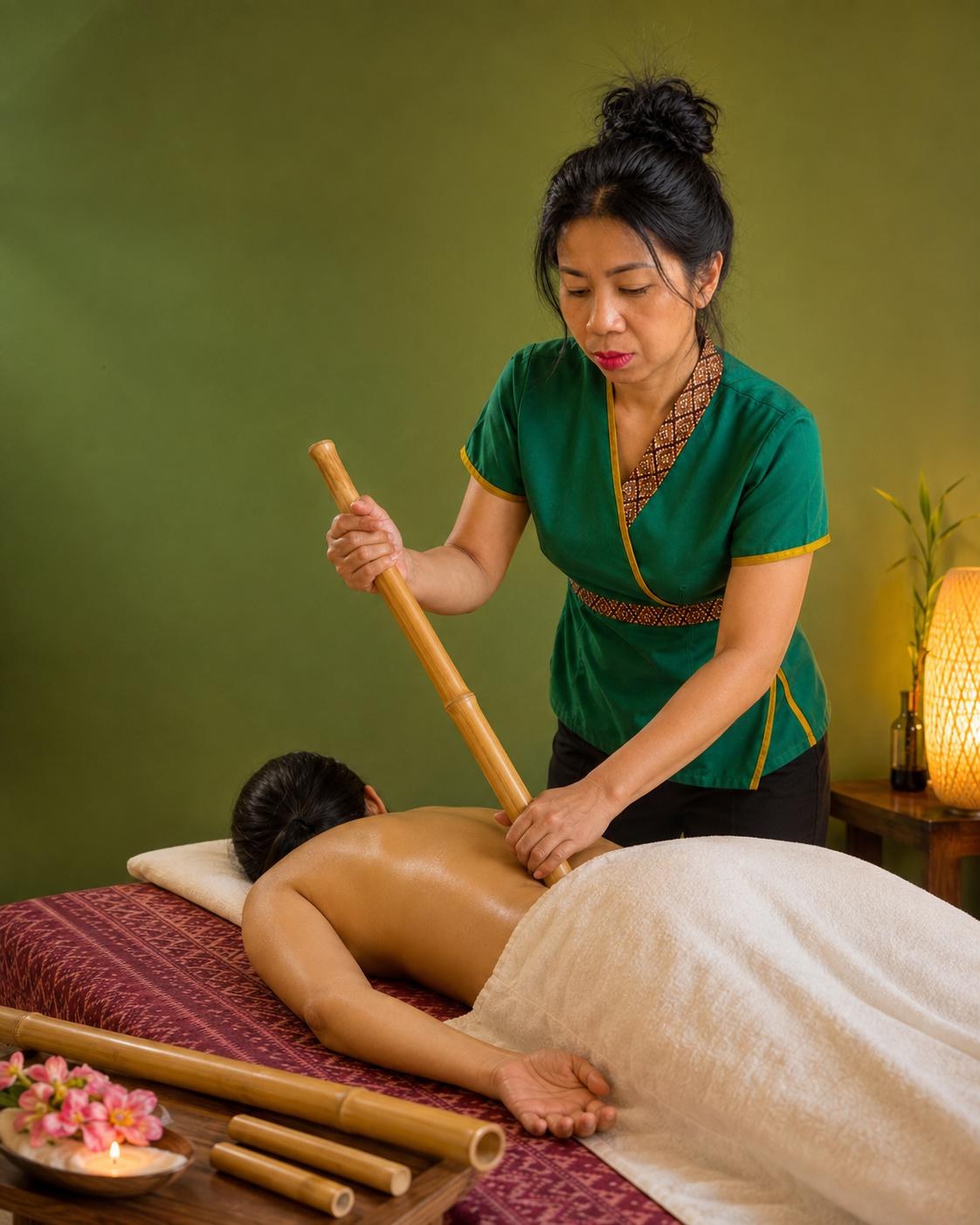 Bambus-Massage im Green Temple – Phanni arbeitet mit Bambusstäben